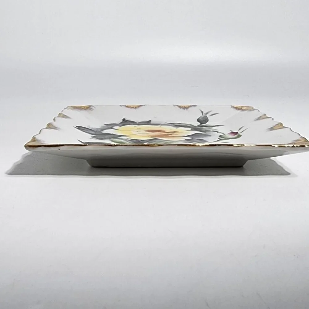 Lefton China Hand Painted Square Dish With Yellow Rose Design Gold Trim Vintage